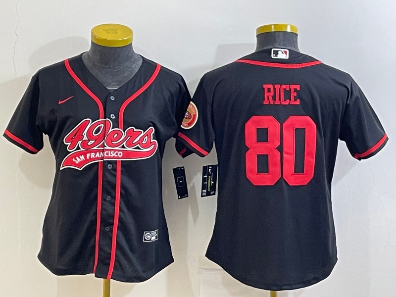 Women's San Francisco 49ers #80 Jerry Rice Black With Patch Cool Base Stitched Baseball Jersey(Run Small)